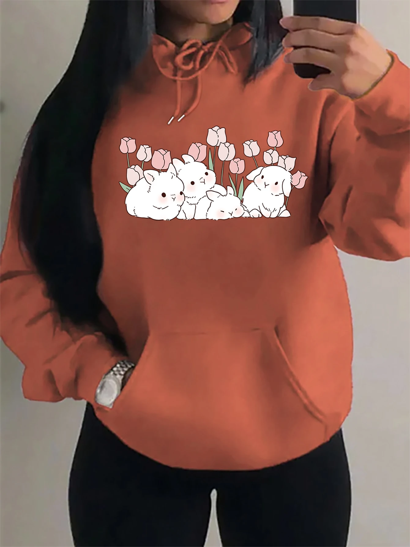 

Cute Rabbit Under Tulips Prints Hoody Women Oversized Comics Streetwear Harajuku Warm Sportswear Casual Fleece Unisex Hoody