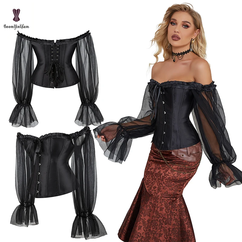 Plus Size Floral Lace Off Shoulder Gothic Corsage Corselet Satin Overbust Korset Black Long Sleeve Corset Bustier Top For Women