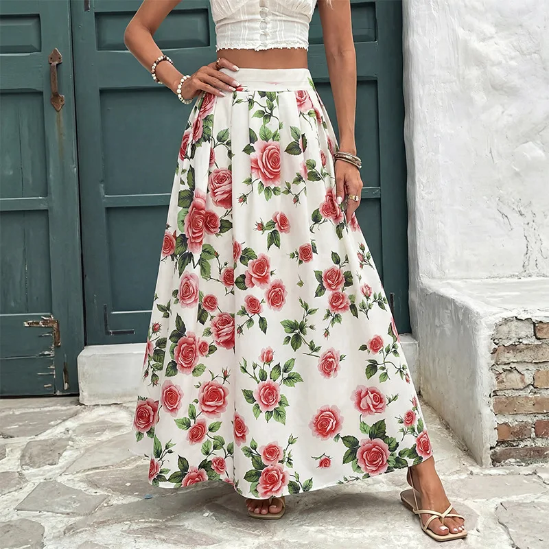 2026 Summer New Vintage Resort Style Rose Print High Waist Mid-length A-line Large-flare Skirt