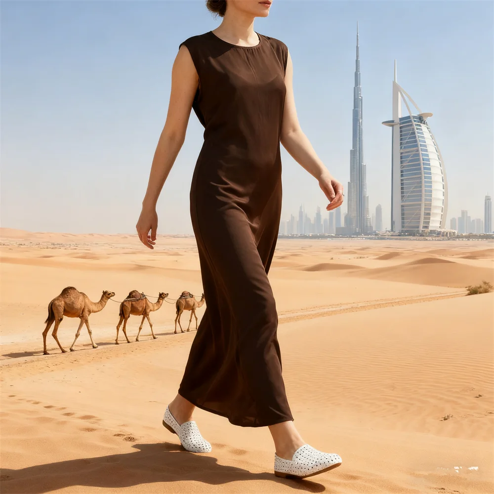 

Femme Musulmane Vestidos Eid Islam Clothing Modest Satin Sleeveless Maxi Dress Women Muslim Robe Turkey Kaftan Jalabiya Caftan