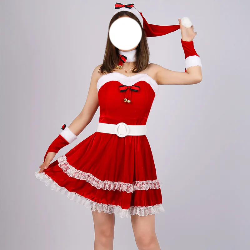 Kerst Vrouwen Korset Jurken Hoeden Performance Santa Kostuum Rood Fluweel Xmas Nieuwjaar Kerstfeest Cosplay Meisje Fancy Dress