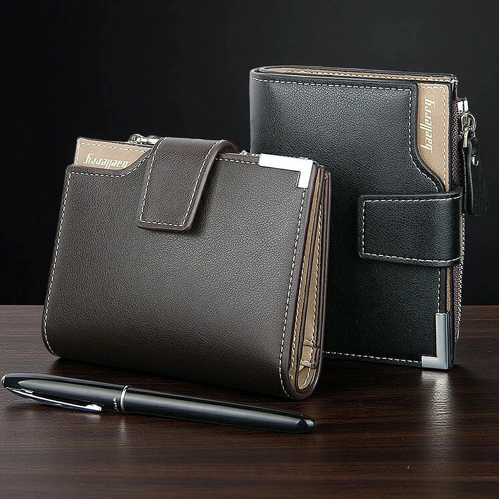 CFUN YA Men PU Bifold Wallet Snap Tab Closure with Card Slots Photo Window Zip Coin Pocket and Contrast Trim for Everyday Use