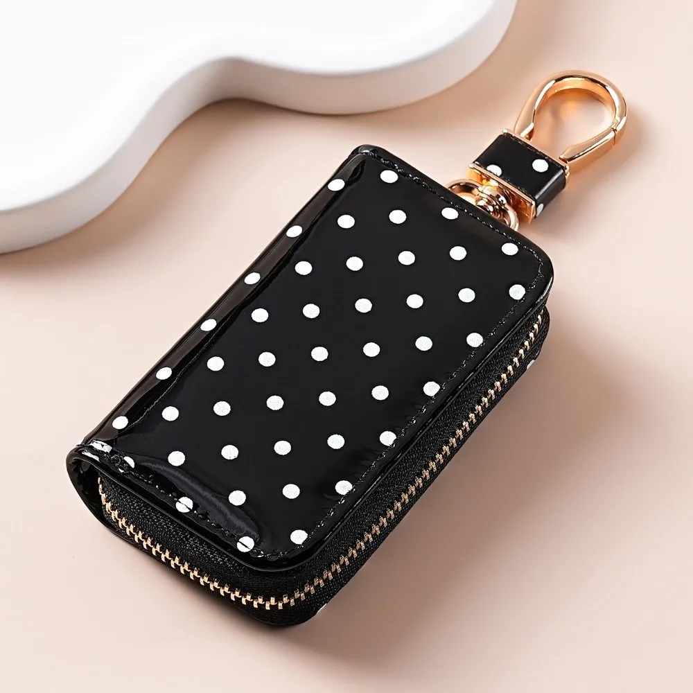 Durable Polka Dot Key Pouch Metal Clasp Pu Leather Zipper Key Protection Cover Water Resistant Compact Small Wallet Women