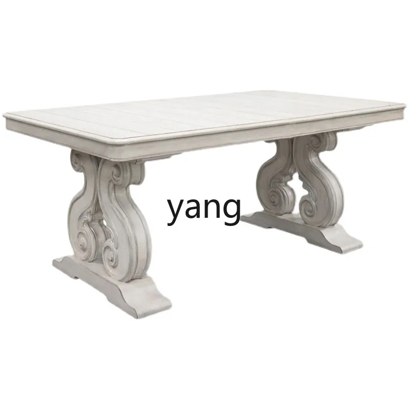 

LTT American retro style solid wood rectangular dining table home dining room white old carved dining table