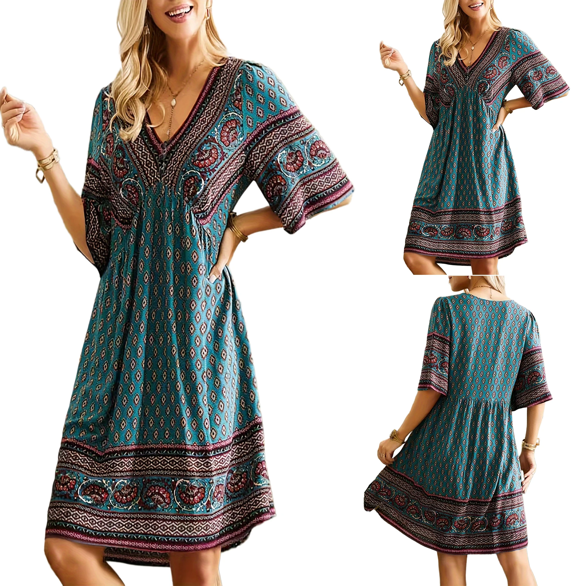 2024 European and American spring/Summer women's Bohemian print V-neck holiday national style dress