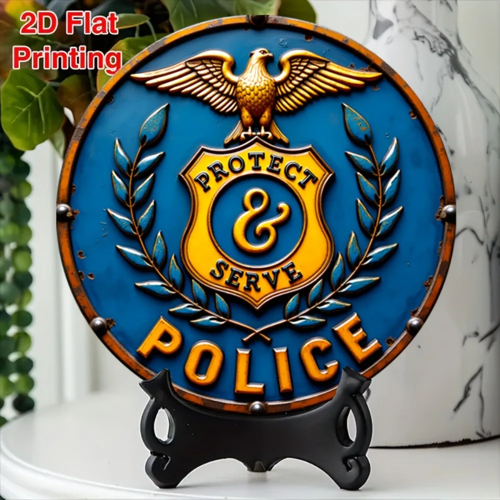 Retro Aluminum Police Badge Wall Art - 8x8 Inch Round Eagle Decor for Office & Bar, Protect and Serve