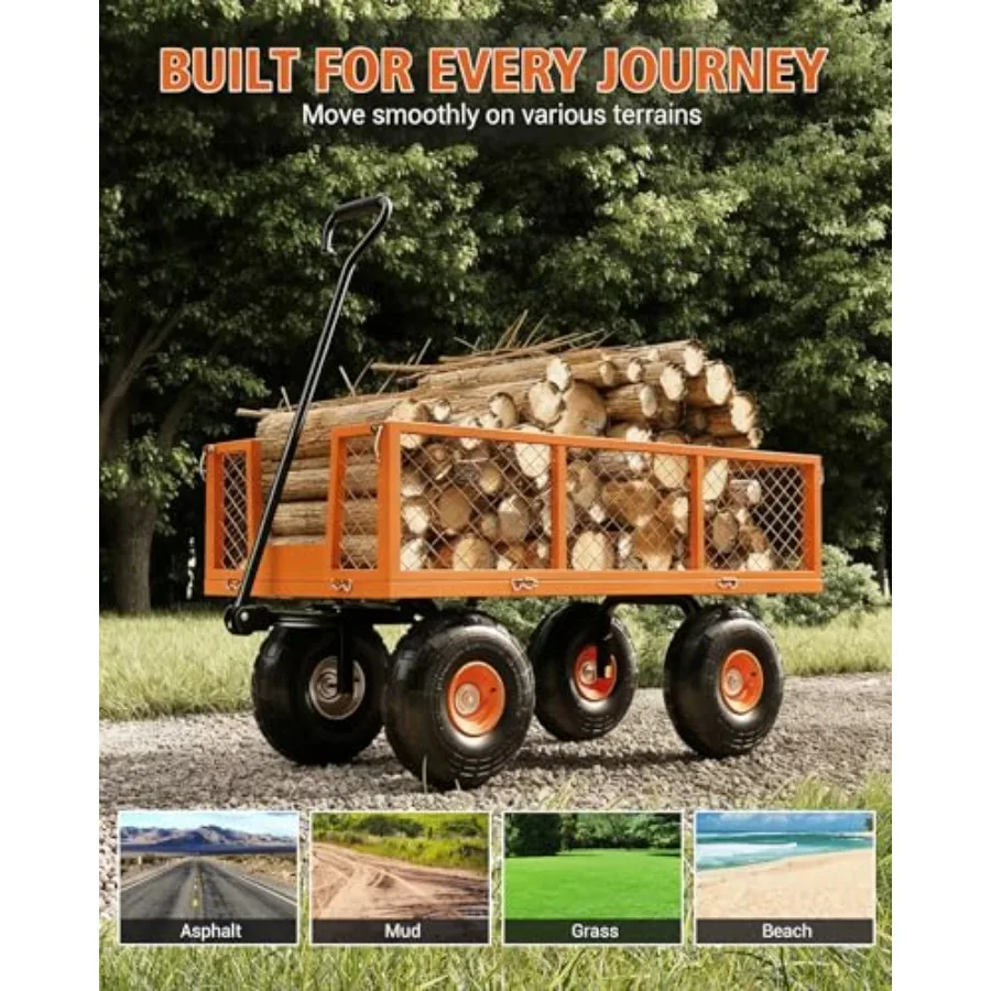 Heavy Duty Steel Garden Cart Capacity 3 in 1 Pullable Garden Wagon with 10 in Wheels for Gardening Soil, Tools, and Plant Trans