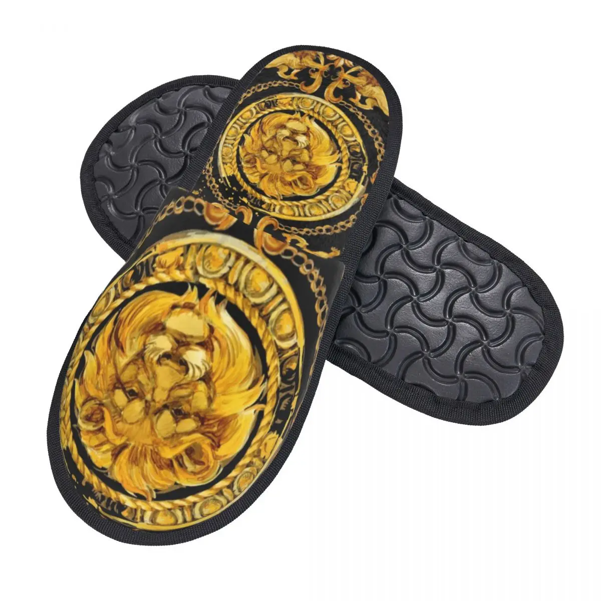 Custom Golden Lion And Damask Ornament Soft Memory Foam House Slippers Women Luxury Baroque Floral Cozy Warm Anti-Skid Slipper