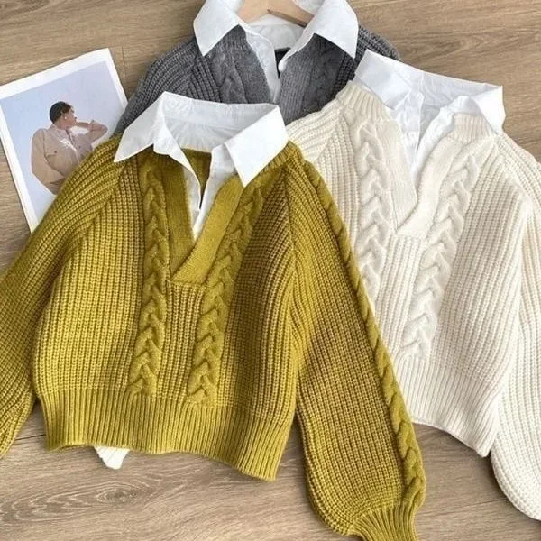 Otoño Invierno de las mujeres Patchwork Twist Design suéter de punto suelto camisa conjunto de dos piezas con cuello Polo prendas de vestir exteriores Top