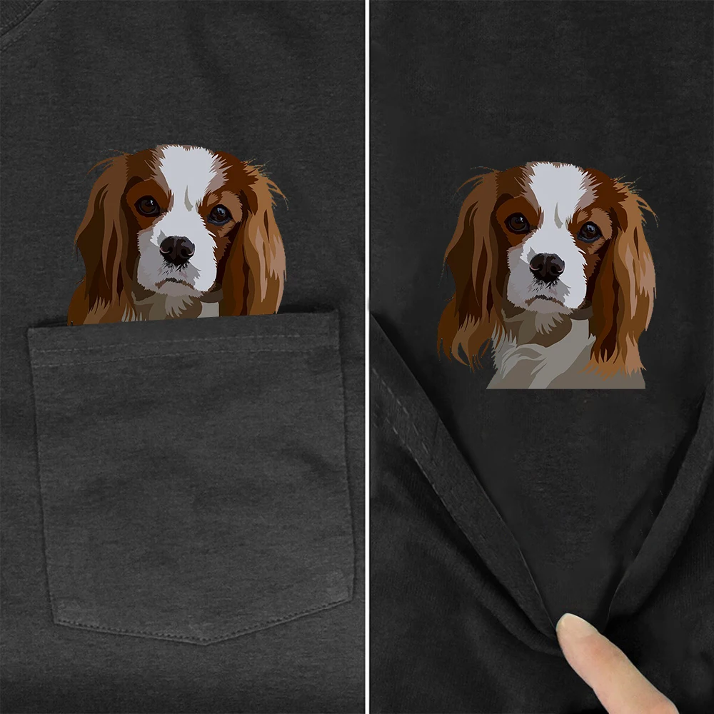 CLOOCL 100% Cotton T-shirts Fashion Cute King Charles Dog Pocket Tops Black Hip Hop Tees O-neck Short Sleeve Woman Tshirts