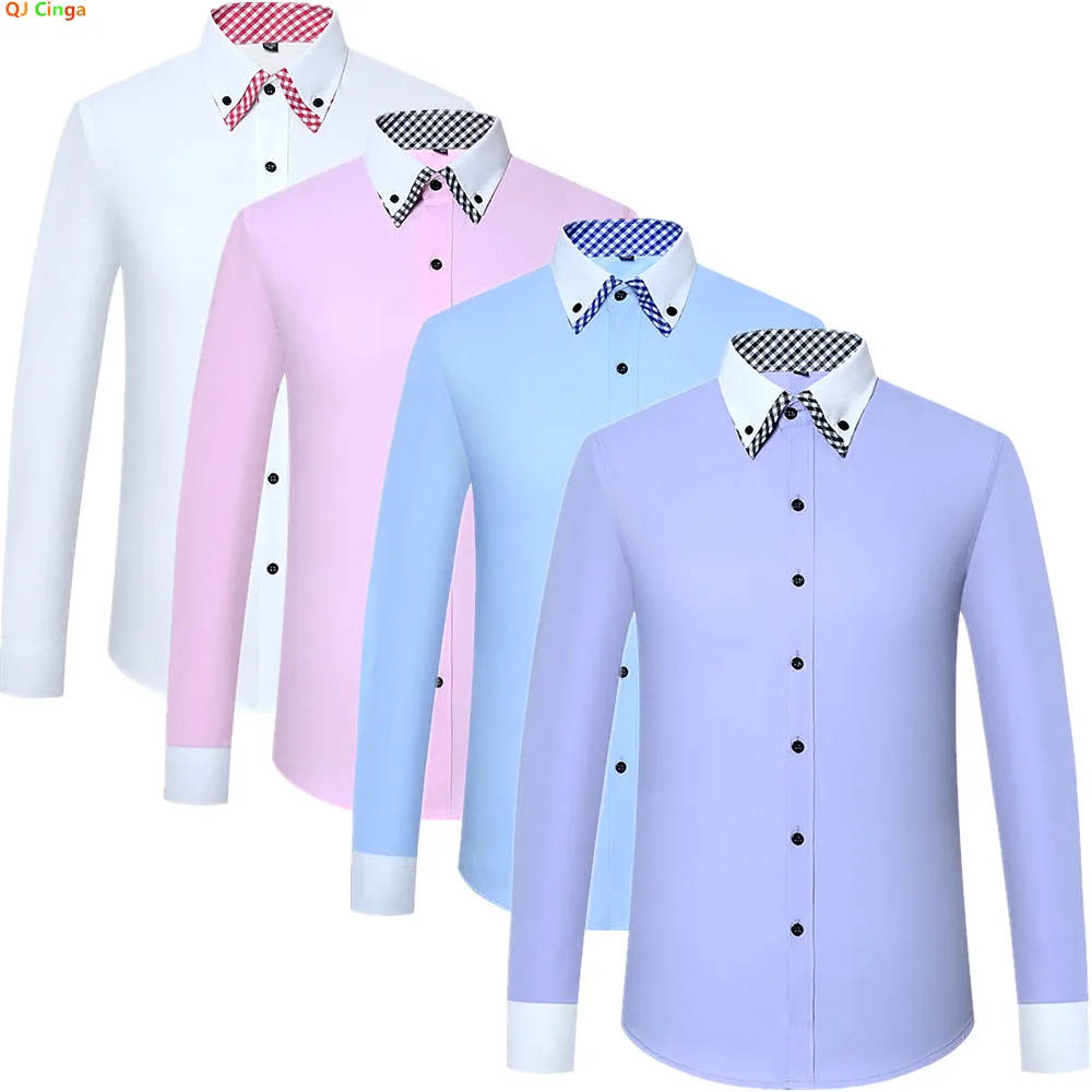 

Мужская рубашка с длинными рукавами из смеси хлопка и полиэстера, деловые офисные рубашки с воротником на пуговицах, доступны в белом, розовом, синем, фиолетовом цвете.