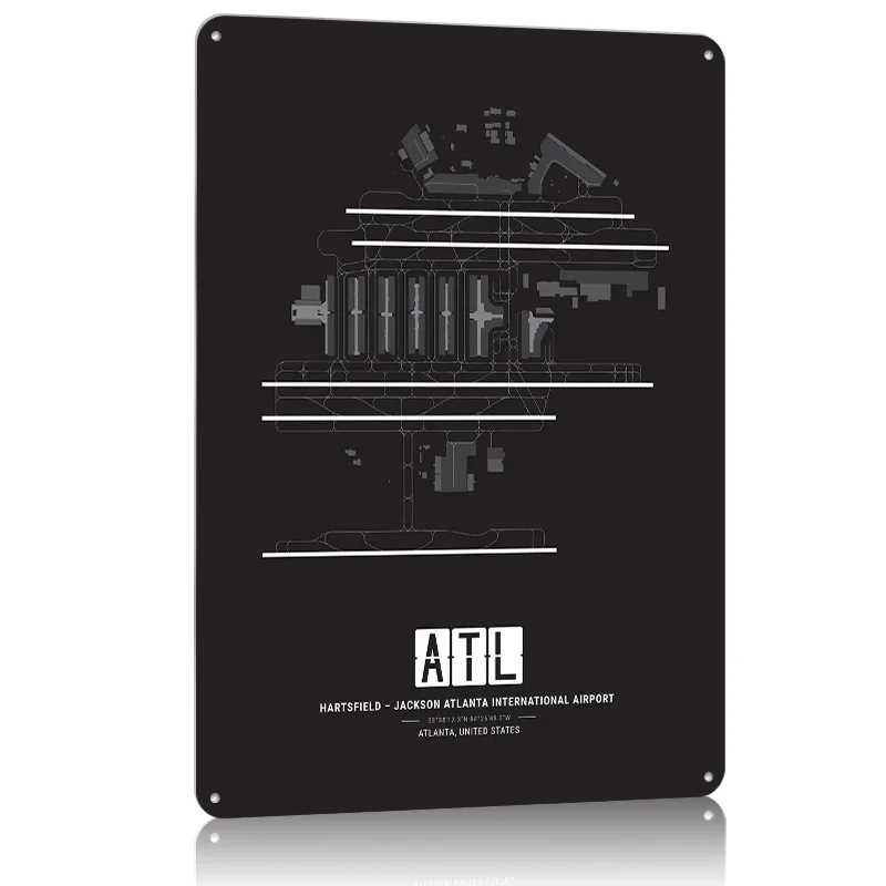 ملصق معدني لتخطيط مطار أتلانتا، ملصق تين، أشياء فنية جدارية لتصميم الغرفة، علامات معدنية قابلة للتخصيص لديكور المنزل