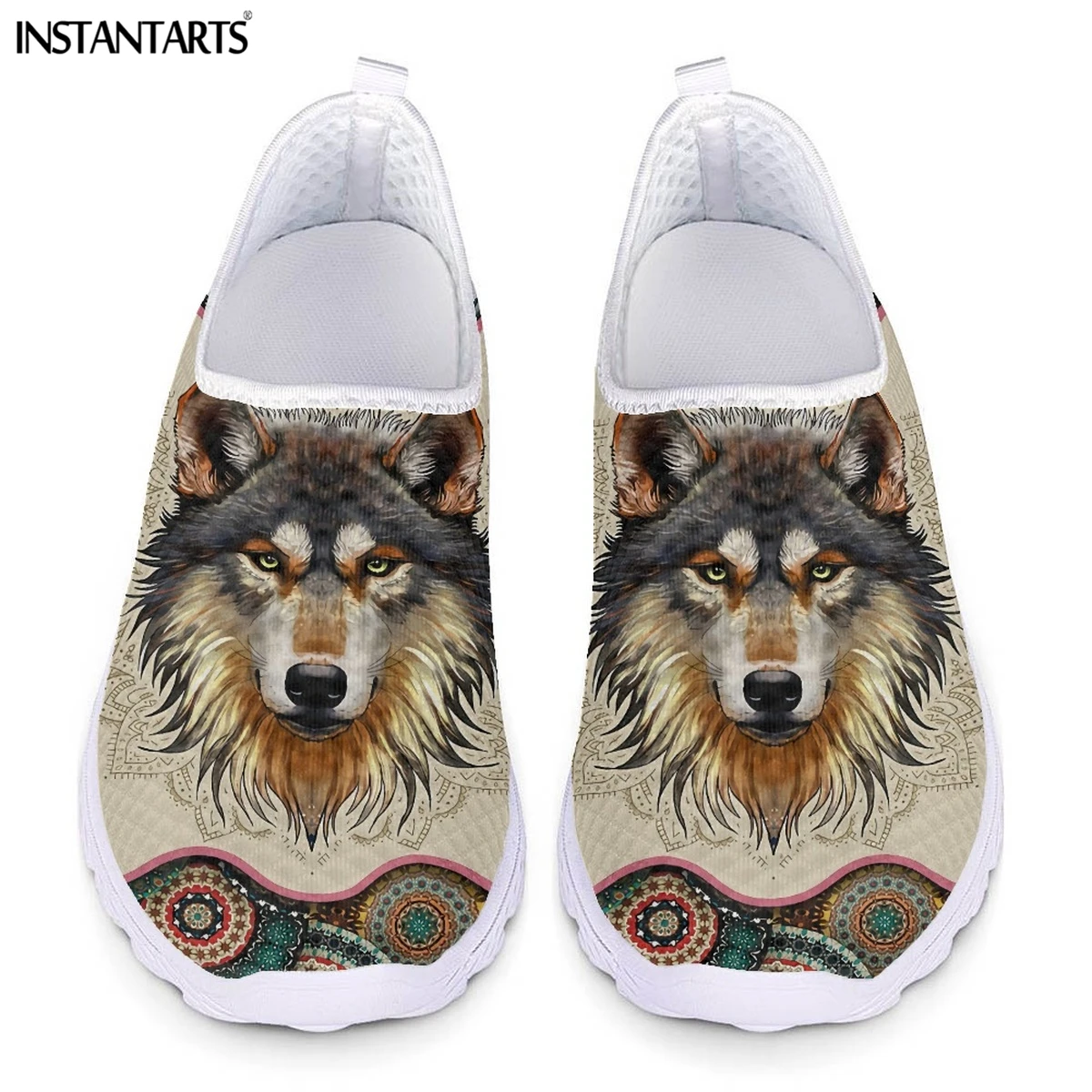 INSTANTARTS Bohemia Style Lady Breathable Flats Lightweight Air Mesh Shoes Wolf Vintage Mandala Design Slip-on Loafers for Women