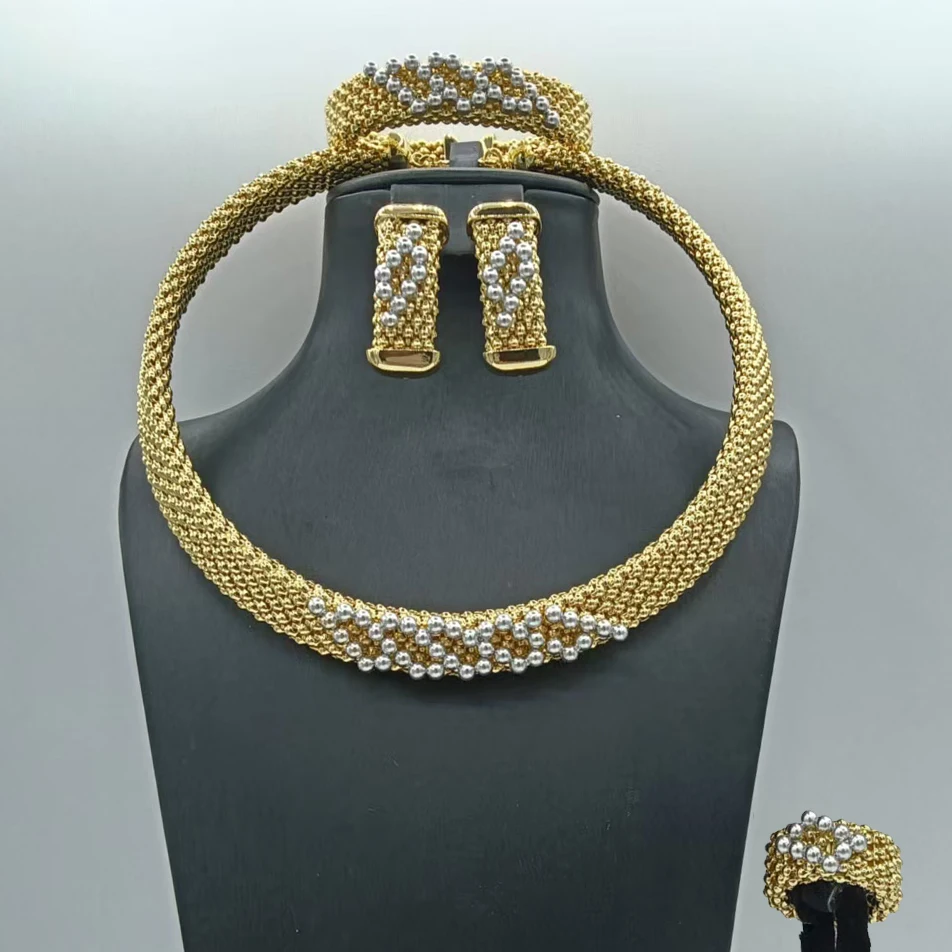 Multi Layer Beaded Rope Chain Jewelry Set Gold Plated Choker Necklace Hoop Earrings Bracelet Ring African Wedding Accessories