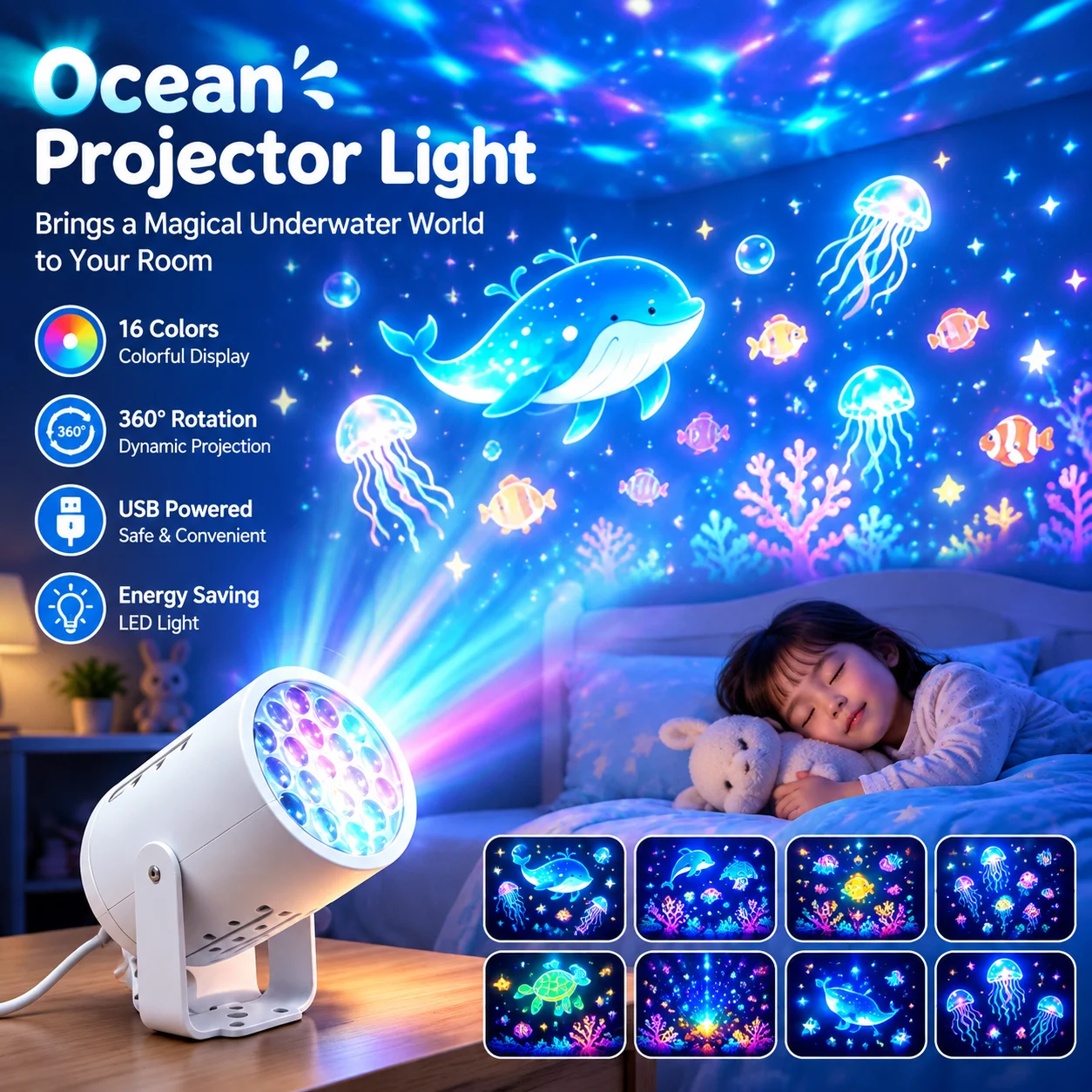USB Dynamic Rotating Projection Lamp – Christmas & Halloween Holiday Decor, Ambient Eye-Caring Night Light