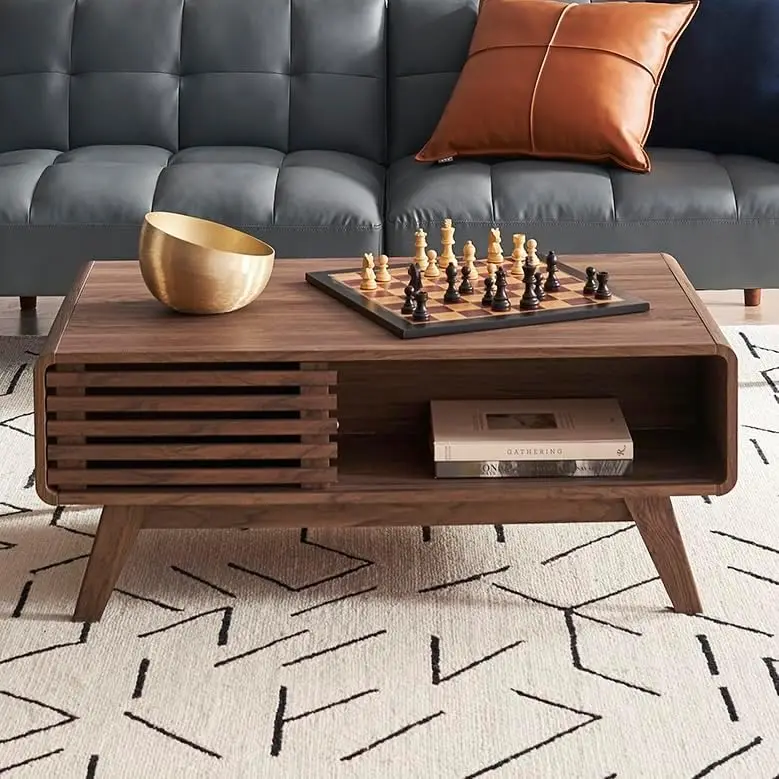 mopio Ensley Dual-Side Storage Coffee Table – Mid Century Modern Fluted Wood Table with 4 Compartments for Living Room Organizat