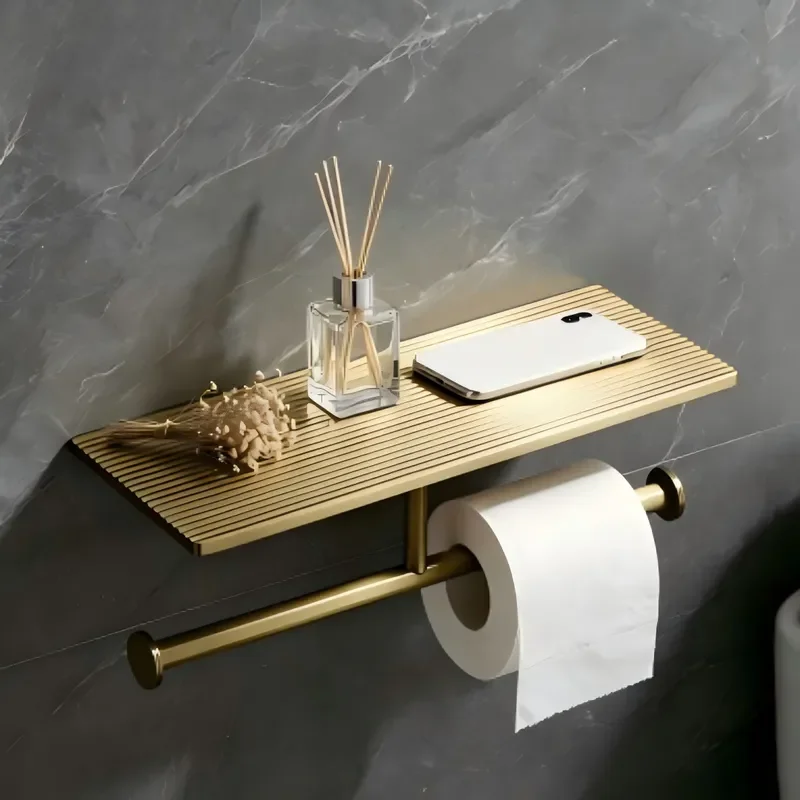 Vintage Brass Wall Mounted Toilet Paper Holder with Phone Shelf Antique Copper Finish Bathroom Tissue Roll Stand Corrugated