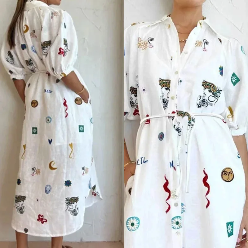 

Elegant Floral Notch-collar Dress With Waist Tie Trendy Puff Sleeve Shirt Dress Stylish Casual Wear Women's Loose Casual Dress