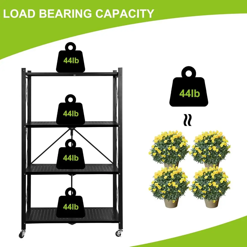 Rak Tanaman Logam Rak Tanaman Lipat Tanpa Perakitan Mudah Dipindahkan Rak Bunga 4 Tingkat dengan Roda untuk Ruang Tamu