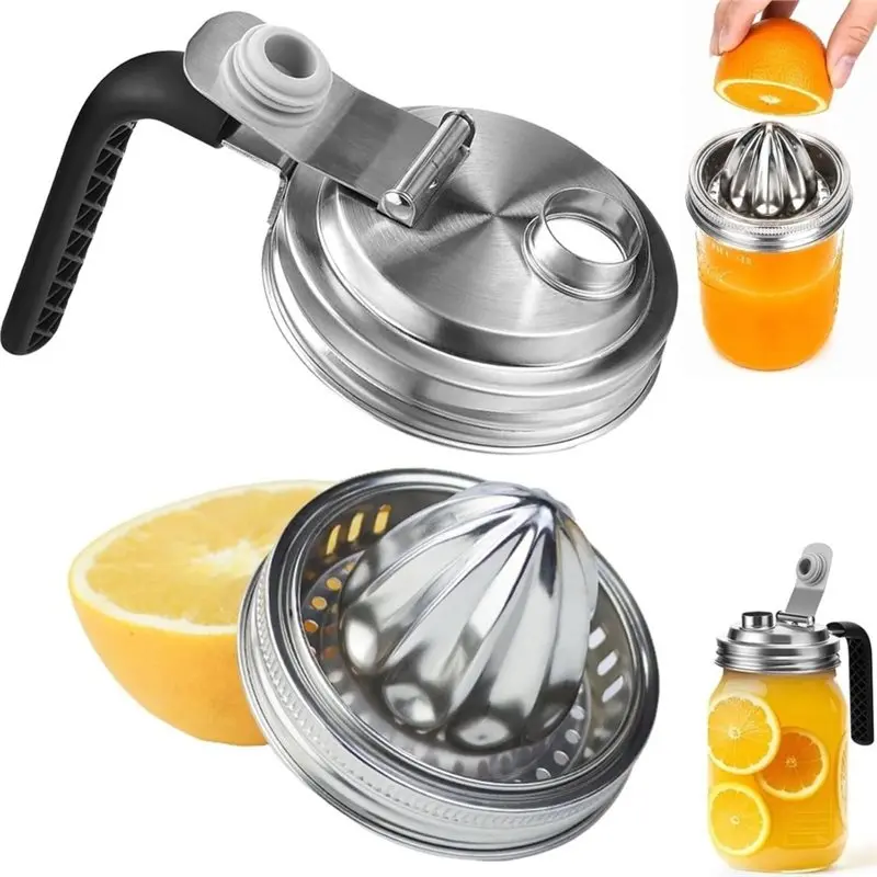 VEHO-2PCS Masonjar Accessories, Pour Spout Lid With Handle And Juicer Lid Wide Mouth Stainless Steel Masonjar Attachments