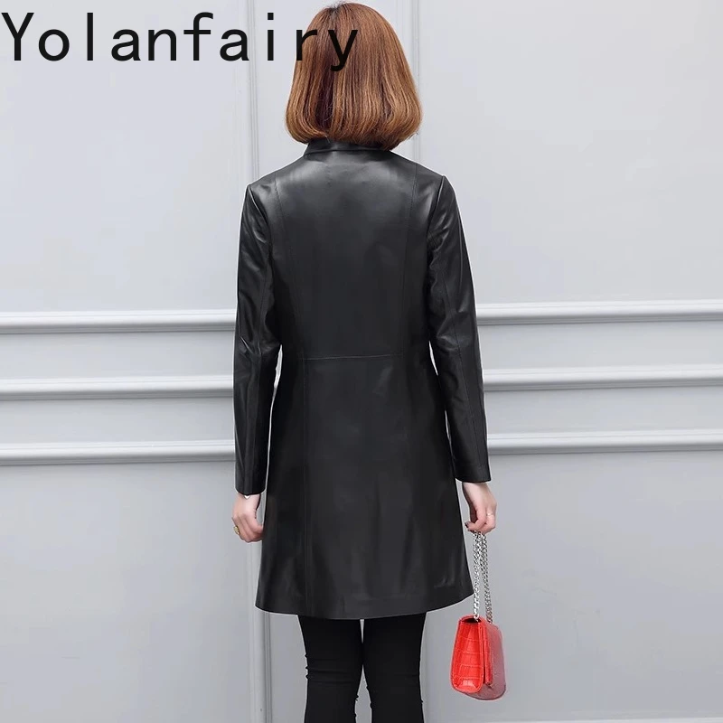 YOLANFAIRY Trench in vera pelle di pecora di nuova moda per donna Slim giacca di media lunghezza in vera pelle da donna colletto alla coreana
