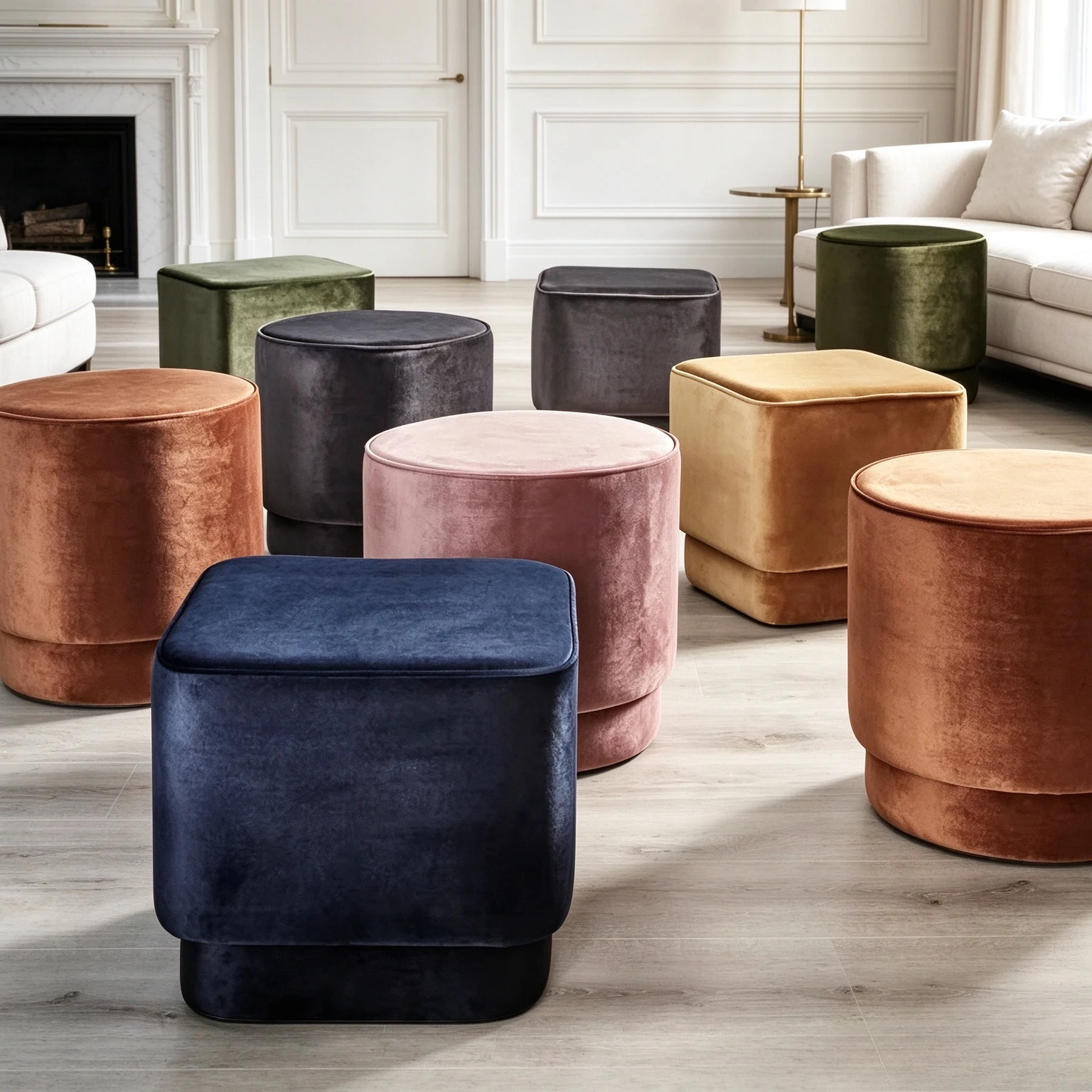 Scandinavian Fabric Round Shoe Changing Stool, Soft Padded Ottoman and Footrest for Entryway, Living Room and Bedroom Seating