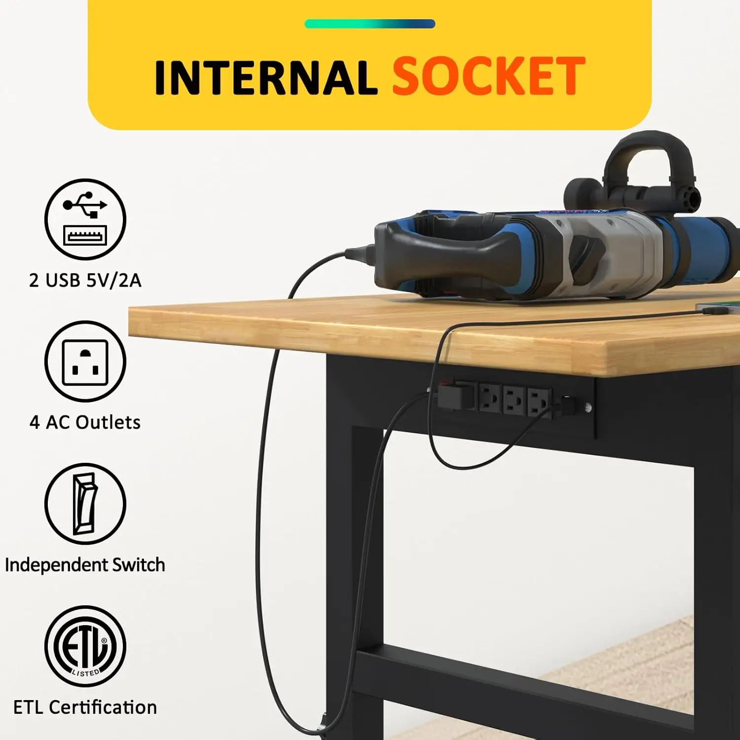 Rubberwood Work Bench with Drawers, Heavy Duty Adjustable Workbench with Power Outlet and Wheels,