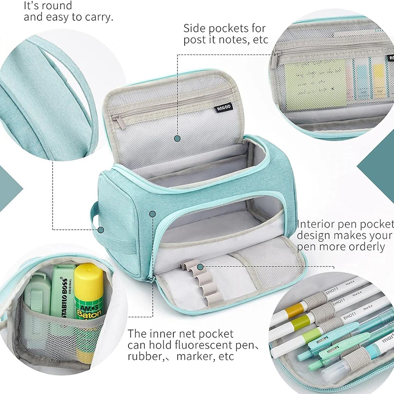 Dual-side Open Pen Bag Pencil Case Big Capacity Hand-held Storage Pouch Stationery Organizer For School College