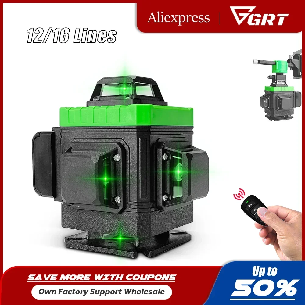 

12/16 Lines 4D Laser Level 360° Horizontal&Vertical Cross Green Lines Auto Self-Leveling Remote Control Green Beam Laser Level