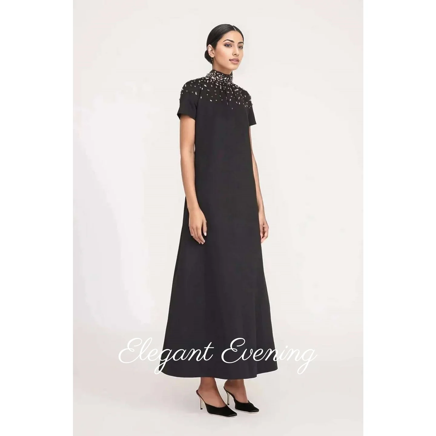 

Черные атласные платья для выпускного вечера с блестками и стразами Вечернее платье с высоким воротом из крепа Модное свадебное платье по индивидуальному заказу Вечернее платье