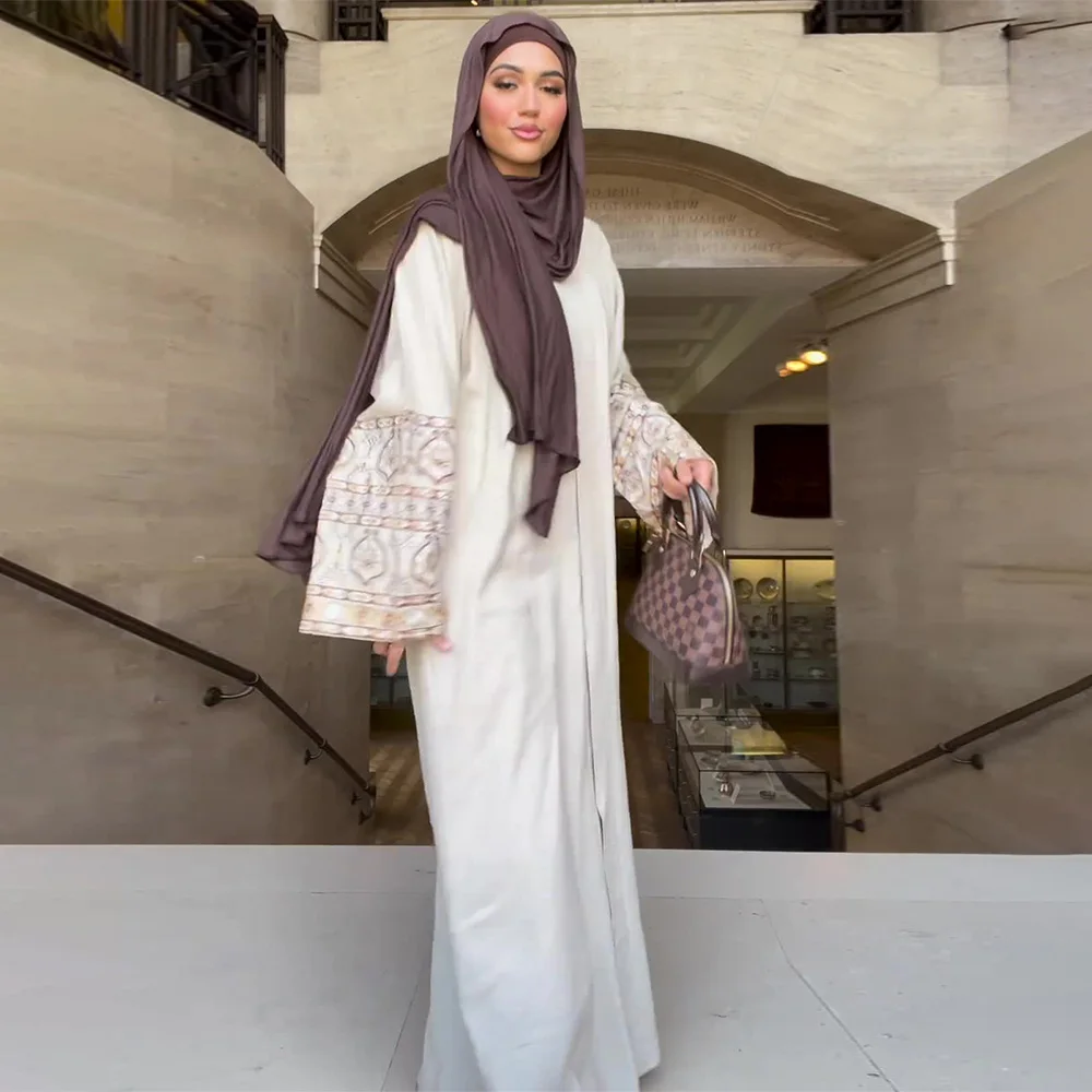 Moslim Abaya Jurk Voor Vrouwen 2024 Nieuwe Lente Print Bloem Boho Bubble Mouwen Losse Hennep Lange Rok Voor Vrouwen Ramadan