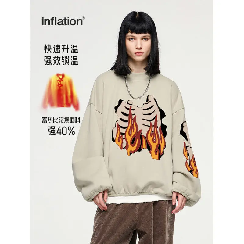 Flame one velvet fire bone round neck hoodie 2024 autumn and winter tide brand loose short jacket men