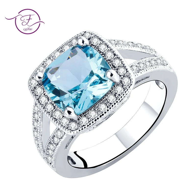 Aquamarine Ring for Women Silver Jewelry Square Blue Spinel Clear Cubic Zircon Fashion Wedding Ring Party Christmas Gifts