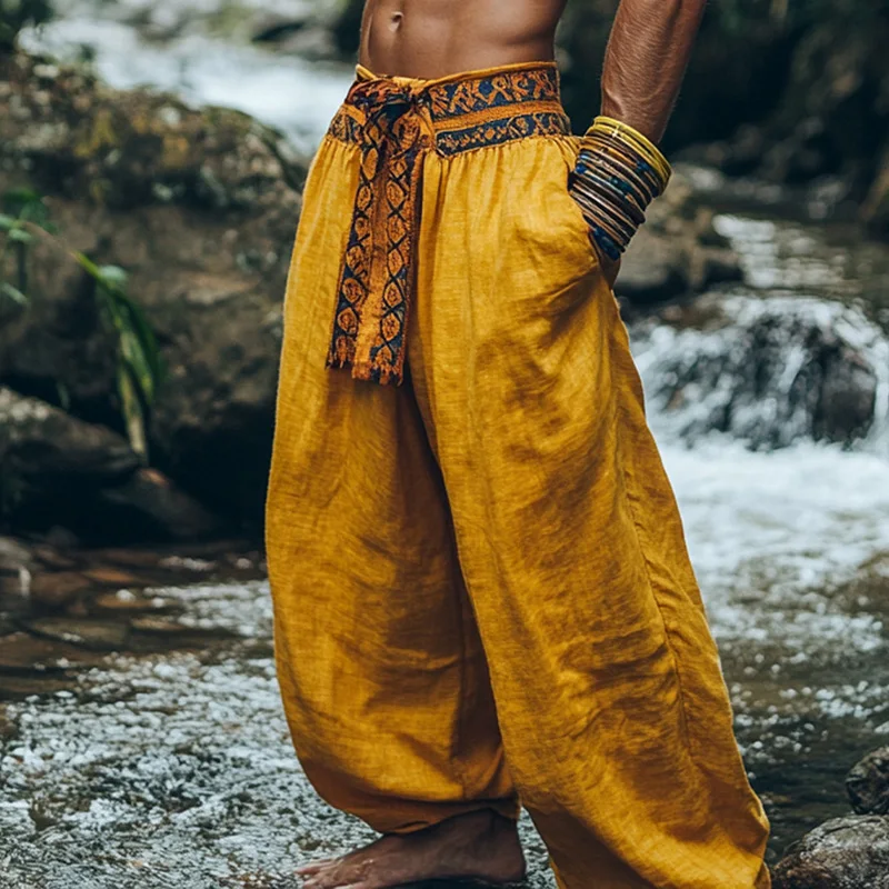 

Spring Summer Fashion Baggy Breathable Trousers Men New Casual Drawstring Beach Trousers Vintage Solid Color Loose Lantern Pants