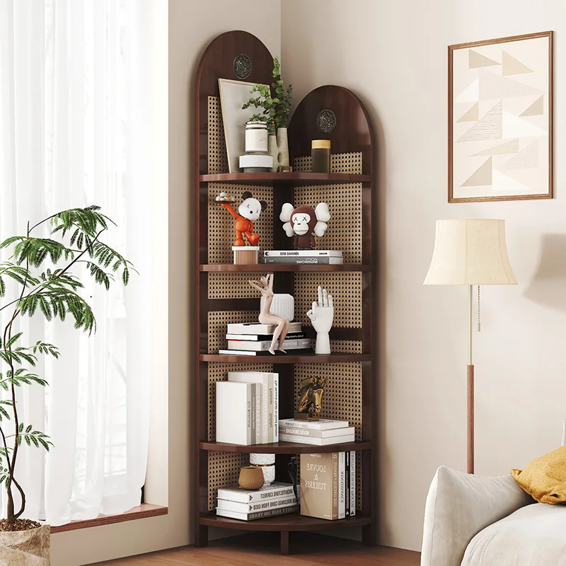 Retro Rattan Woven Decorative Shelf L-shaped Design Solid Wood Corner Cabinet for Living Room, Study, Bedroom
