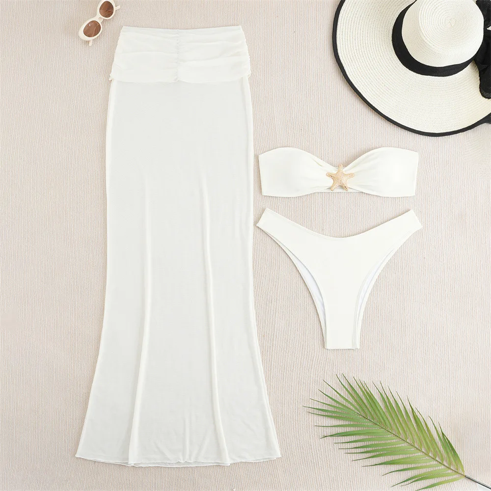 مجموعات نسائية أنيقة 2026 المرأة 3 قطعة رفع مجموعة البكيني بلون مع بقماش شفاف فستان طويل التستر تنورة الشاطئ البيضاء #3