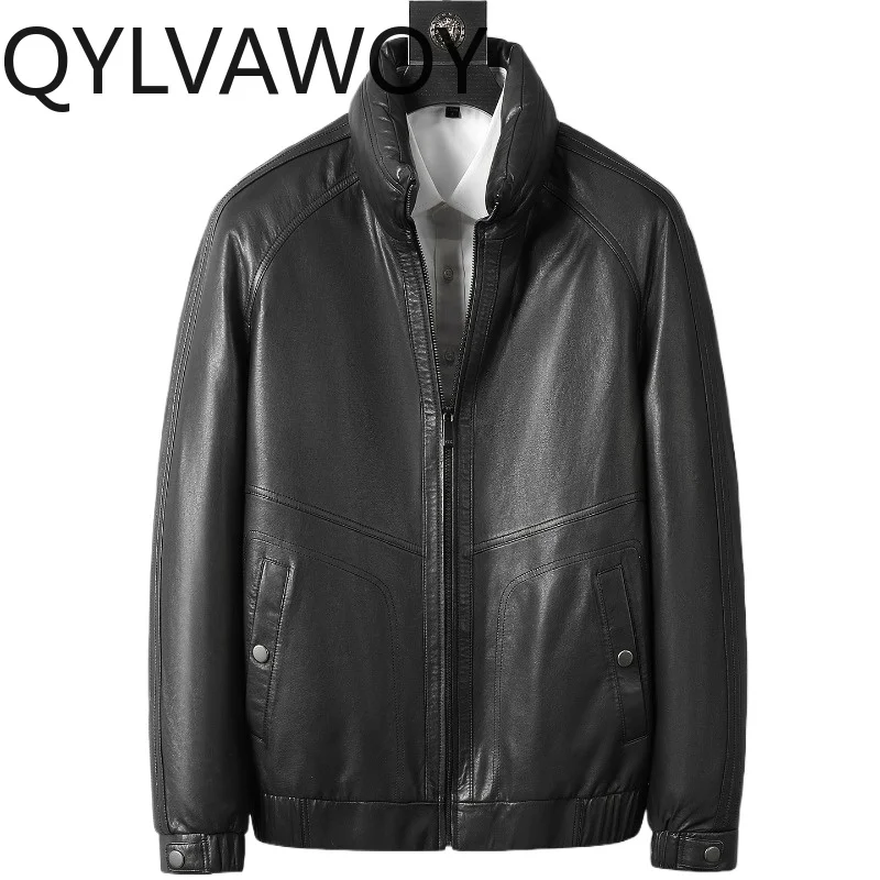 

QYLVAWOY Real Sheepskin Goose Down Coat Winter Stand Collar Genuine Leather Jacket Men 90% White Goose Down Coats Warm Outerwear