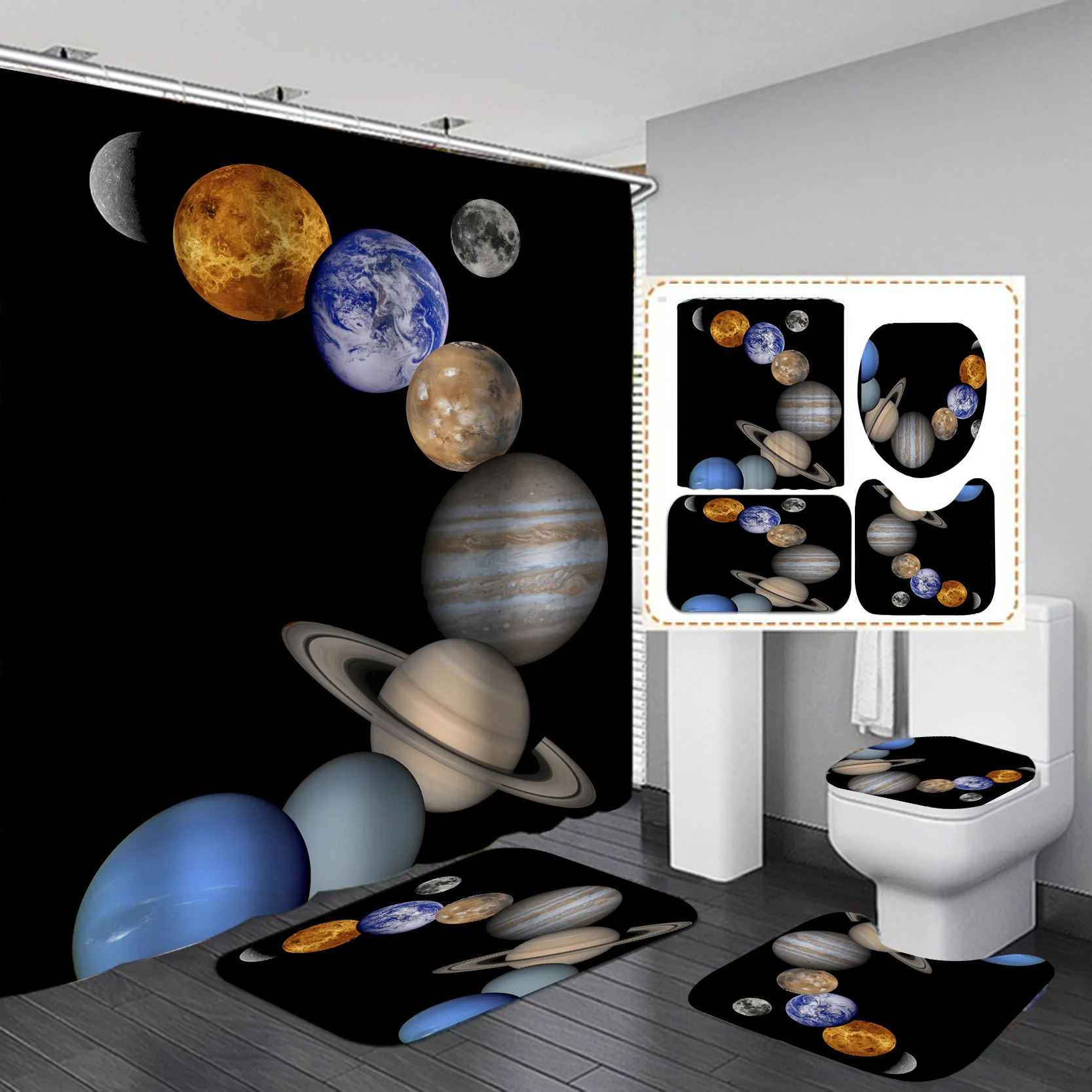 

Cosmic Shower Curtain Set Mystery Planet Outer Space Galaxy Fantasy Starry Sky Solar System Bathroom Curtain Bath Mat Toilet Rug