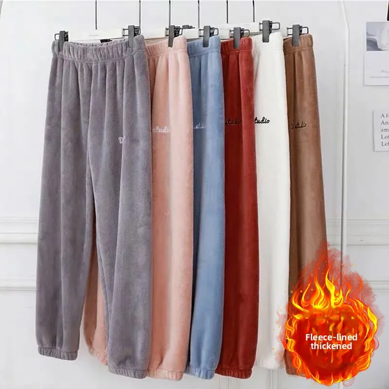 Fleece Pants Women's Thick Plush Loungewear Warm Sleepwear with Fashionable Homewear Design Winter Soft Lounge Bottoms
