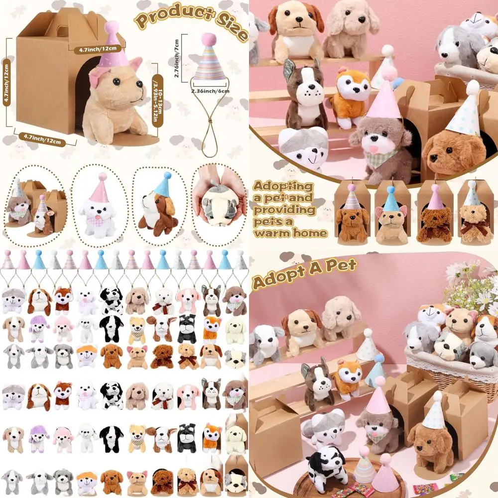 

Набор из 90 миниатюрных плюшевых собачек: разнообразные щенки, шапочки и коробки для дня рождения в стиле домашних животных