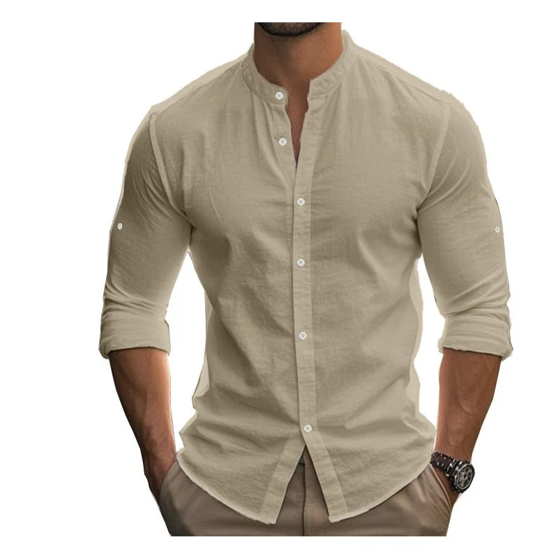 

Autumn Men's Cross-border Cotton and Linen Long-sleeved Button-down Shirt Large-sized Linen Shirt From Europe and America Style