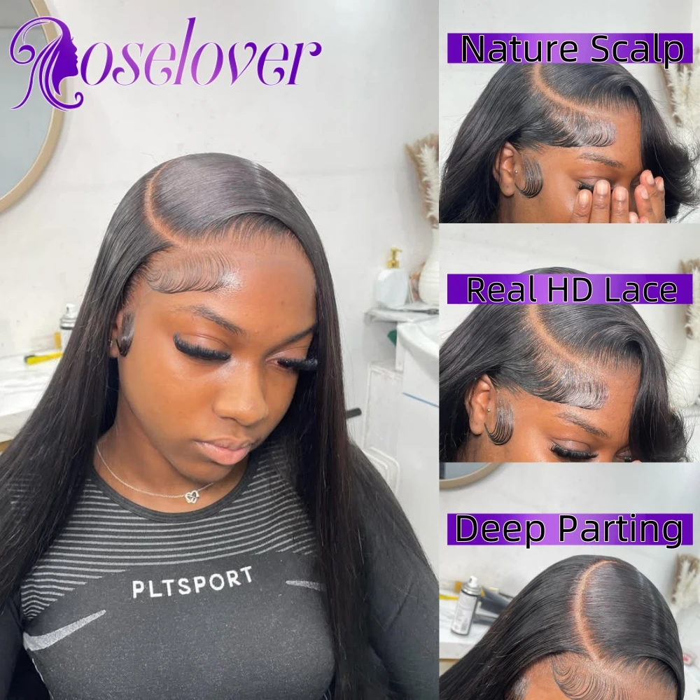 ROSE LOVER Real HD Lace 13X4 Lace Full Frontal Wig Wear to Go Glueless Straight Nature Color 250% Density Deep Parting for Woman