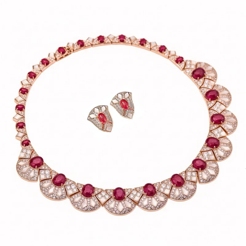 Designer Fashion Style Earrings Necklace Women Lady Inlay AAA Cubic Zircon Mother Of Pearl Red Green Beads Party Jewelry Sets