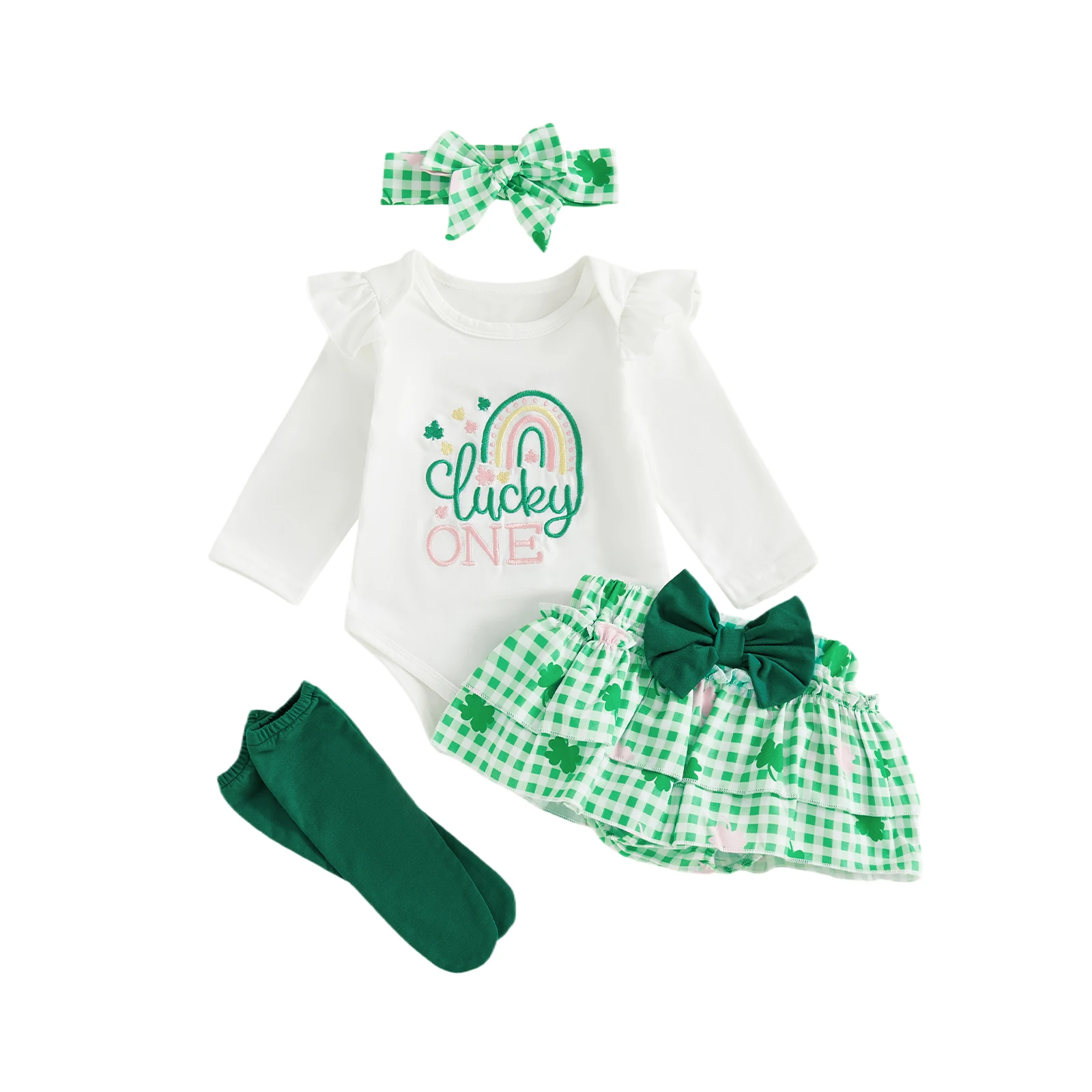 

Adorable Baby Boy Irish Clothing Set featuring Lucky Clover Print Romper Matching Skirt Bow Headband and Cozy Socks for a