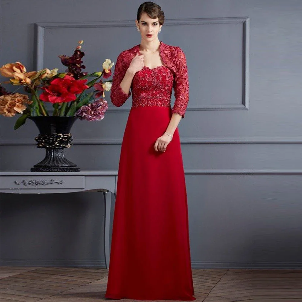 Robe longue rouge avec veste pour mère de la mariée, ligne a, robe de bal Sexy en dentelle perlée, avec des Appliques de paillettes, robe de soirée