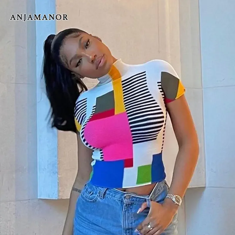 ANJAMANOR-Tops cortos con estampado geométrico para mujer, ropa de calle, camisetas de bebé Y2k, ropa de verano, camisetas gráficas de manga corta, D17-BB12