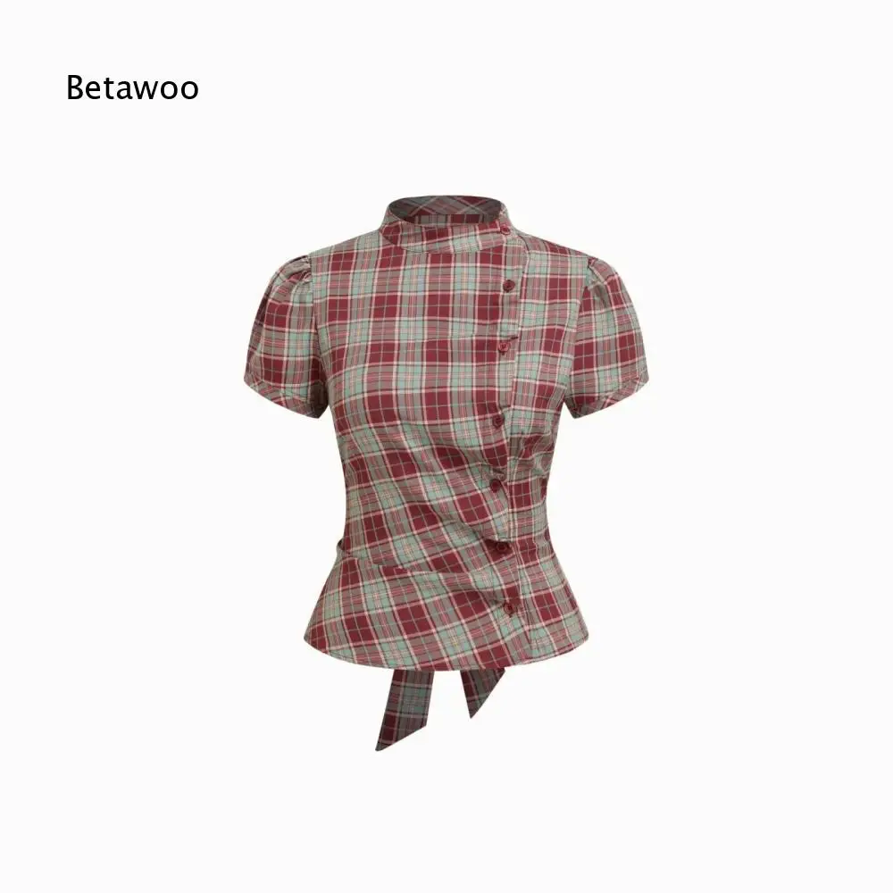 Womens Vintage Plaid Stand Collar Short Sleeve Shirt Asymmetrical Front Button Peplum Blouse With Rear Tie Decor For Daily Wear