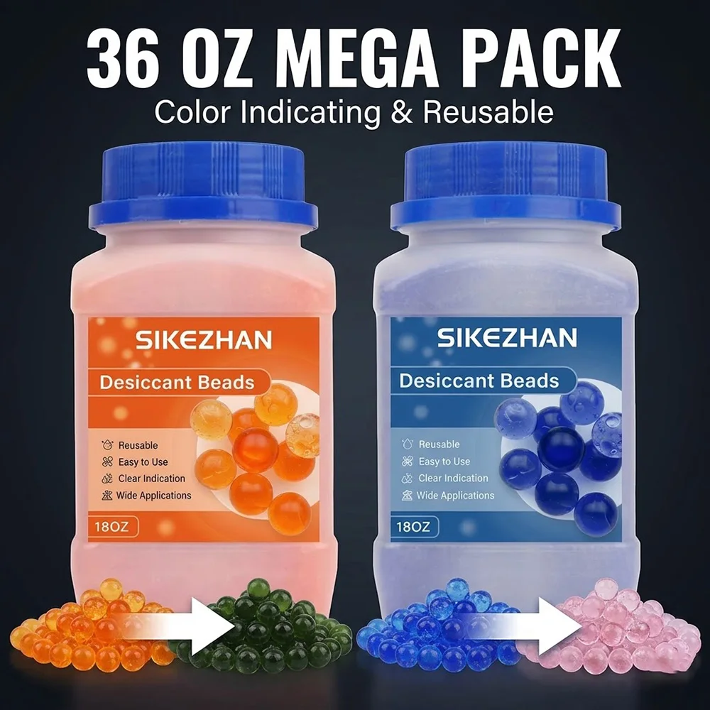 Bouteille de 18 oz de billes de gel de silice réutilisables bleues/orange, absorbant l'humidité et déshumidificateur pour appareils électroniques