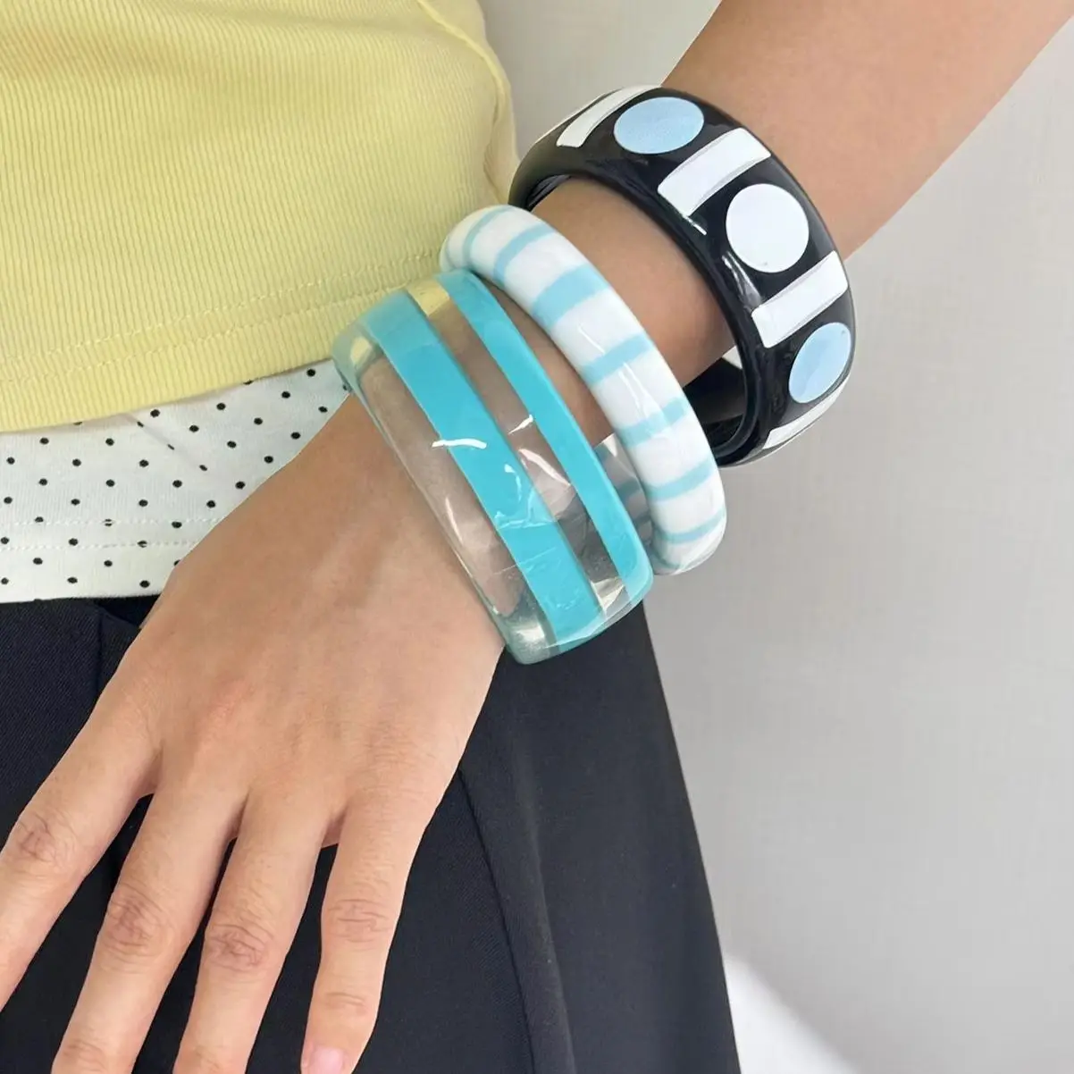 Women Trendy Resin Bangle INS Contrast Color Striped Polka Dot Stackable Bracelets European Fashion Party Birthday Gift Jewelry