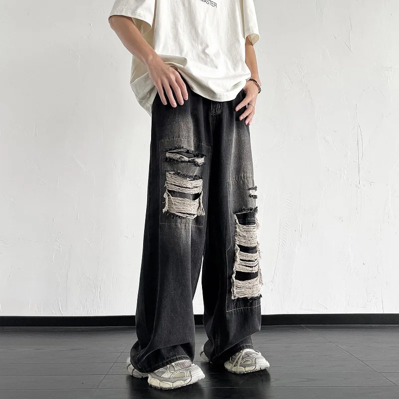 Distressed Ripped Men กางเกงยีนส์ขากว้าง Jean ล้าง Bleached Zipper Fly หลวมวินเทจสูงเอวความยาวเต็มกระเป๋า